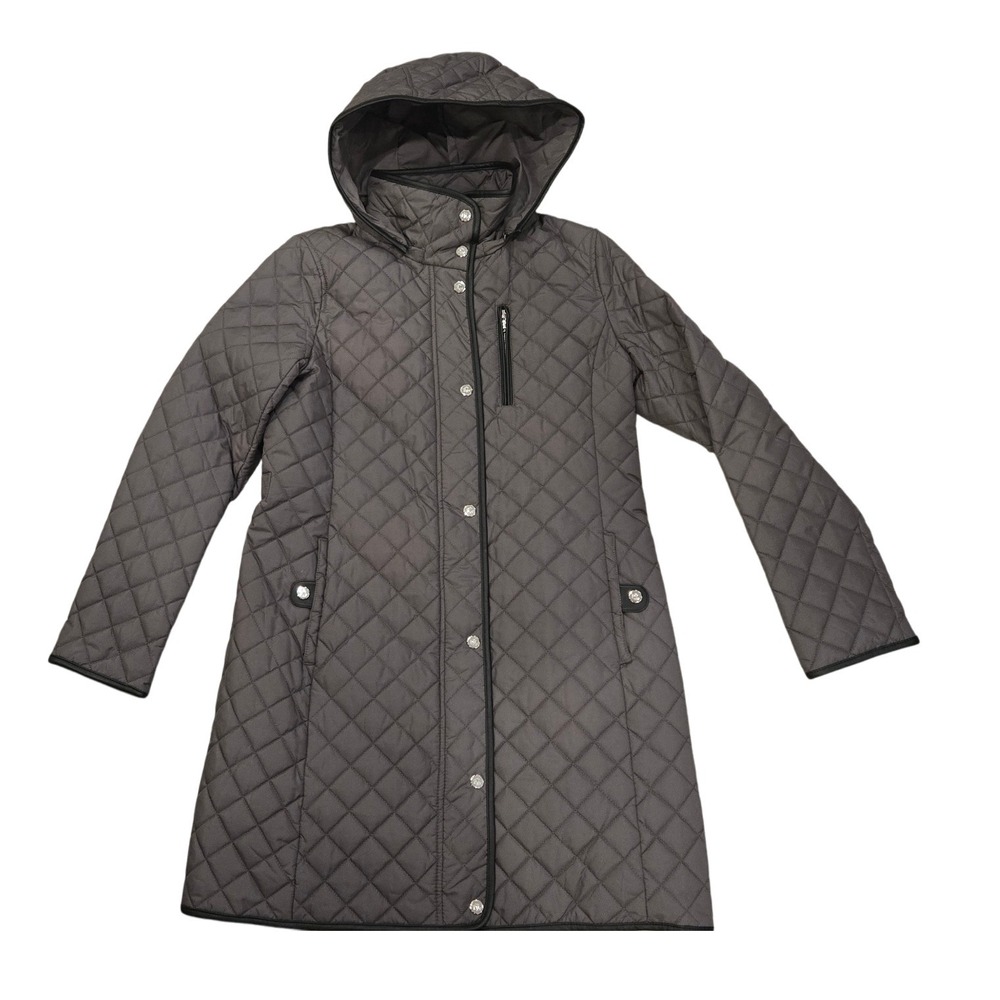 Lauren Ralph Lauren Women Gray Quilted Hooded Full Zip Long Coat Jacket S